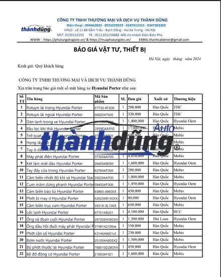 CUNG CẤP BẢNG BÁO GIÁ PHỤ TÙNG XE HYUNDAI PORTER