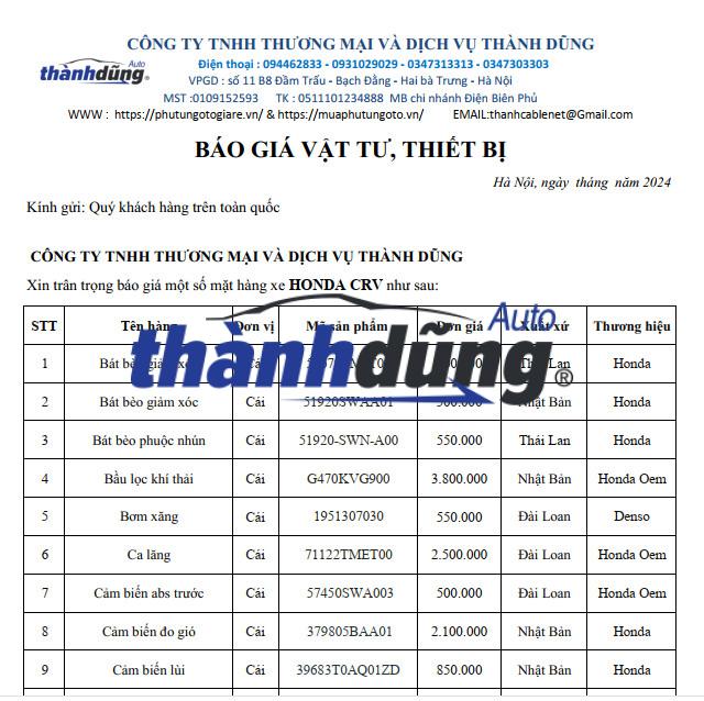 CUNG CẤP BẢNG BÁO GIÁ PHỤ TÙNG HONDA CRV